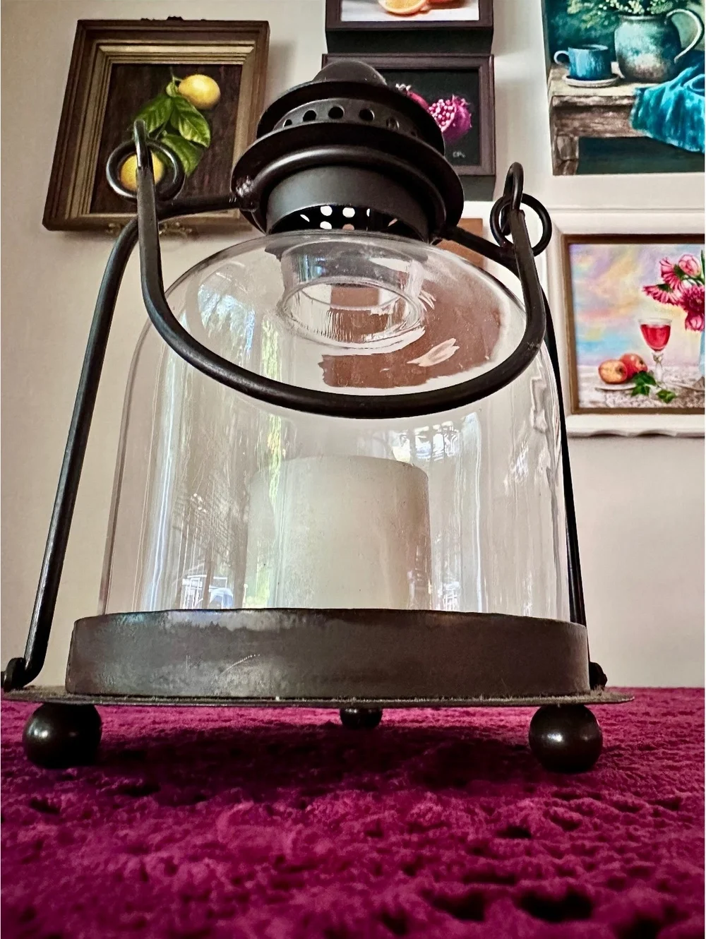 Vintage Indoor / Outdoor Black Metal Glass Dome Latern